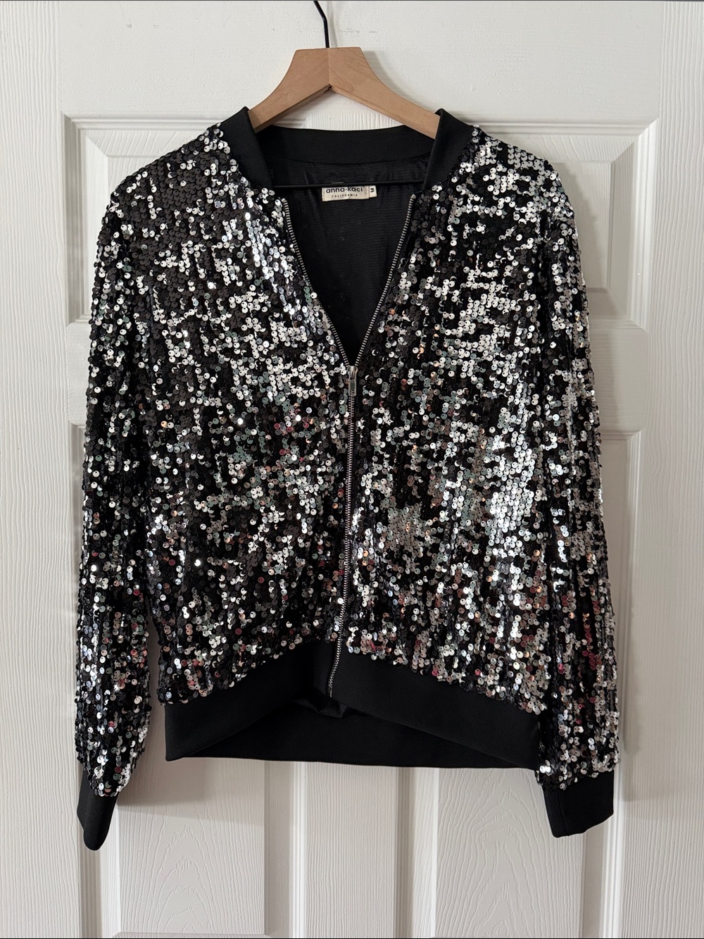 Women's Black Sequin Zip Bomber Jacket by Anna-Kaci